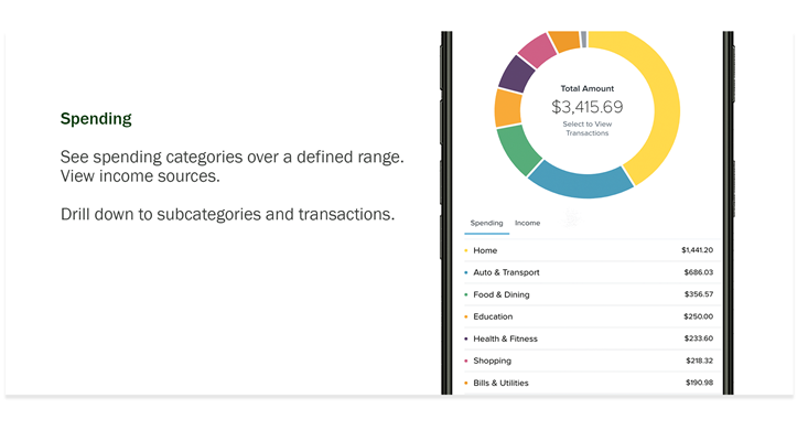 See spending categories over a defined range. View income sources.  Drill down to subcategories and transactions.